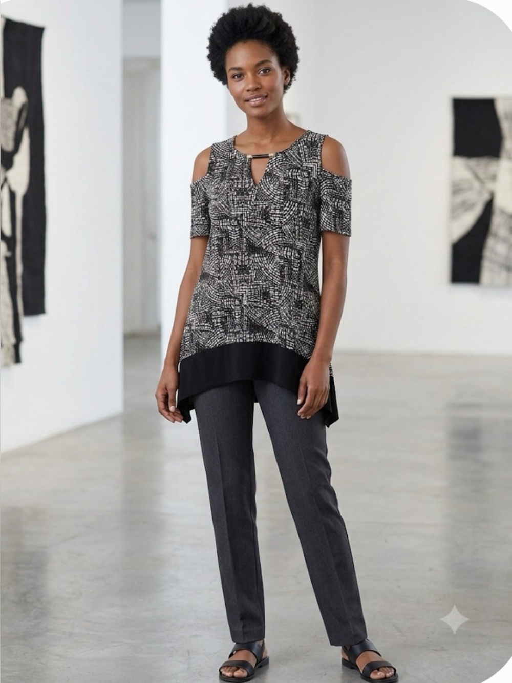 Rafaella Small Black White Cold Shoulder Asymmetrical Hem Tunic Top Blouse